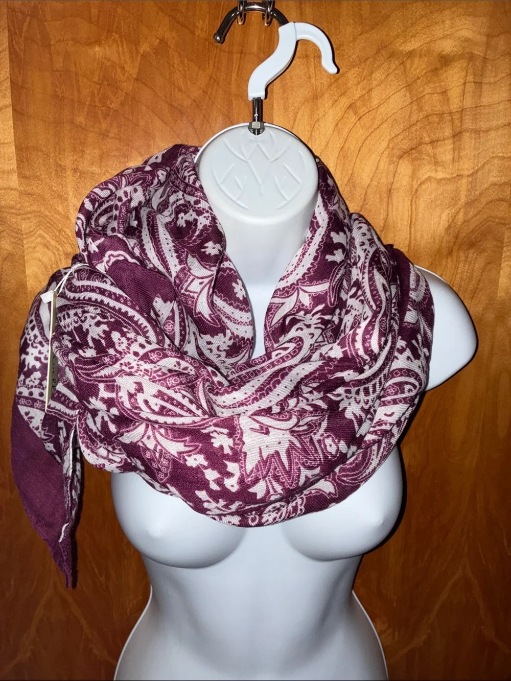 Simply Noelle Burgandy Maroon Red and White Paisley Shawl Scarf Wrap 37” X 70.5”